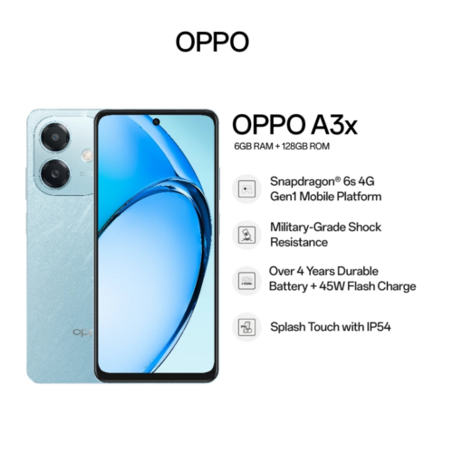 OPPO A3x | 6GB RAM + 128GB ROM | Snapdragon 6s 4G Gen1 | Military-Grade Shock Resistance | IP54 | Smartphone