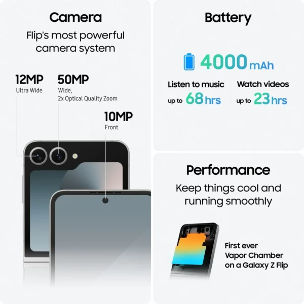 SAMSUNG Galaxy Z Flip6, AI Smartphone, Android, 12GB RAM, New 50MP Camera, FlexCam, Long Battery Life, IP48